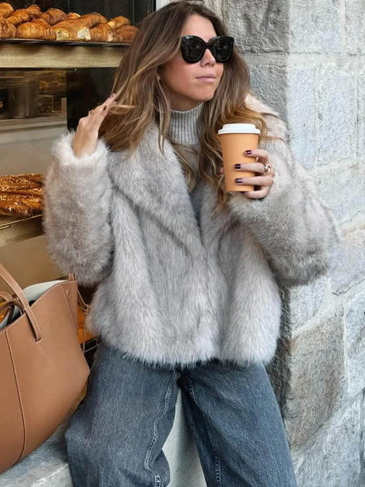 Faux Fur Jacket - Women's Cropped Snap Button Coat With Thick Lapel Collar - ZOOMNSTORE