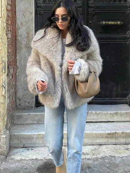 Faux Fur Jacket - Women's Cropped Snap Button Coat With Thick Lapel Collar - ZOOMNSTORE