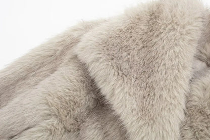 Faux Fur Jacket - Women's Cropped Snap Button Coat With Thick Lapel Collar - ZOOMNSTORE