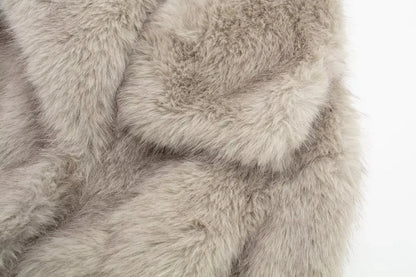 Faux Fur Jacket - Women's Cropped Snap Button Coat With Thick Lapel Collar - ZOOMNSTORE