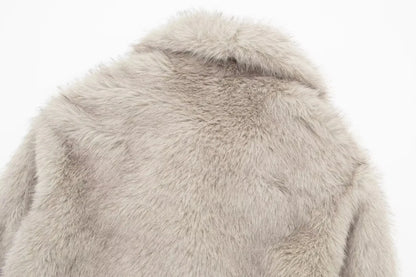 Faux Fur Jacket - Women's Cropped Snap Button Coat With Thick Lapel Collar - ZOOMNSTORE
