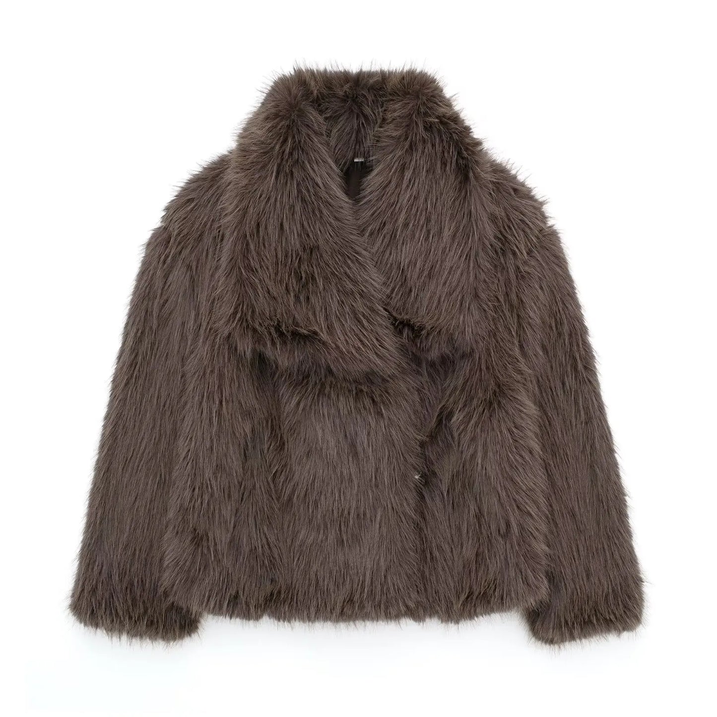 Faux Fur Jacket - Women's Cropped Snap Button Coat With Thick Lapel Collar - ZOOMNSTORE