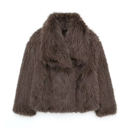 Faux Fur Jacket - Women's Cropped Snap Button Coat With Thick Lapel Collar - ZOOMNSTORE
