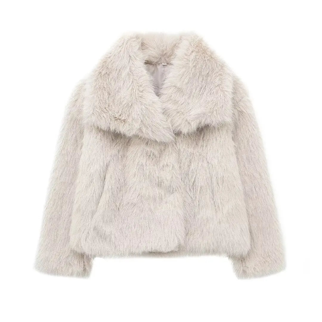 Faux Fur Jacket - Women's Cropped Snap Button Coat With Thick Lapel Collar - ZOOMNSTORE