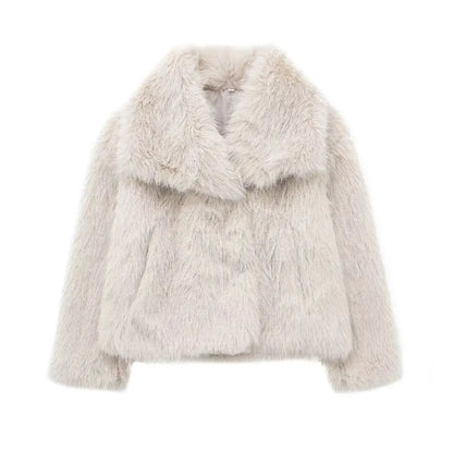 Faux Fur Jacket - Women's Cropped Snap Button Coat With Thick Lapel Collar - ZOOMNSTORE