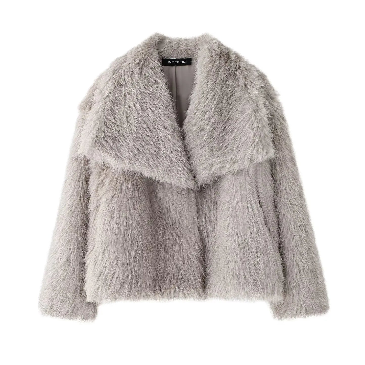 Faux Fur Jacket - Women's Cropped Snap Button Coat With Thick Lapel Collar - ZOOMNSTORE