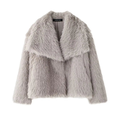 Faux Fur Jacket - Women's Cropped Snap Button Coat With Thick Lapel Collar - ZOOMNSTORE