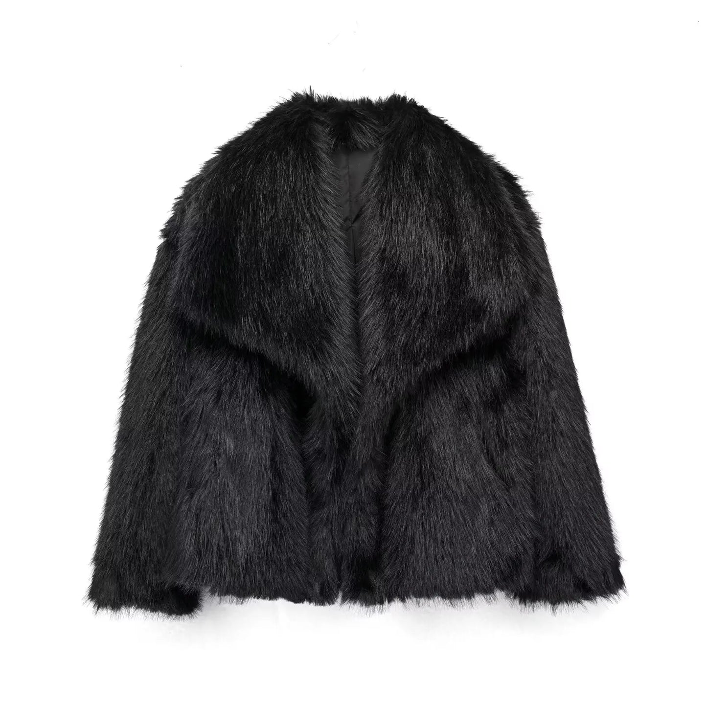 Faux Fur Jacket - Women's Cropped Snap Button Coat With Thick Lapel Collar - ZOOMNSTORE