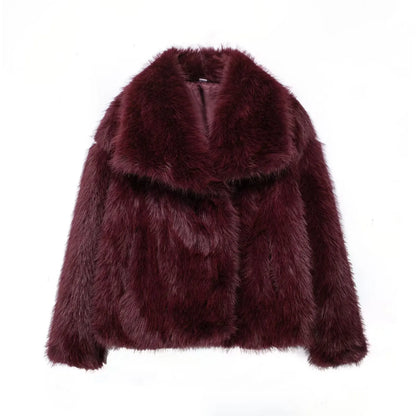 Faux Fur Jacket - Women's Cropped Snap Button Coat With Thick Lapel Collar - ZOOMNSTORE
