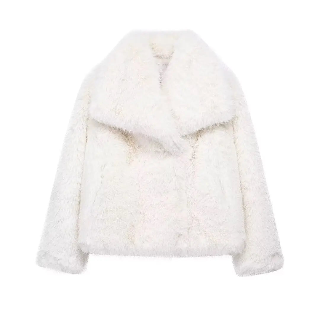 Faux Fur Jacket - Women's Cropped Snap Button Coat With Thick Lapel Collar - ZOOMNSTORE