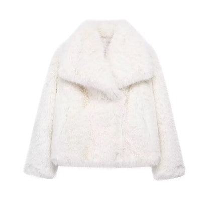 Faux Fur Jacket - Women's Cropped Snap Button Coat With Thick Lapel Collar - ZOOMNSTORE