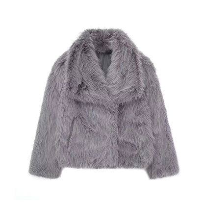 Faux Fur Jacket - Women's Cropped Snap Button Coat With Thick Lapel Collar - ZOOMNSTORE
