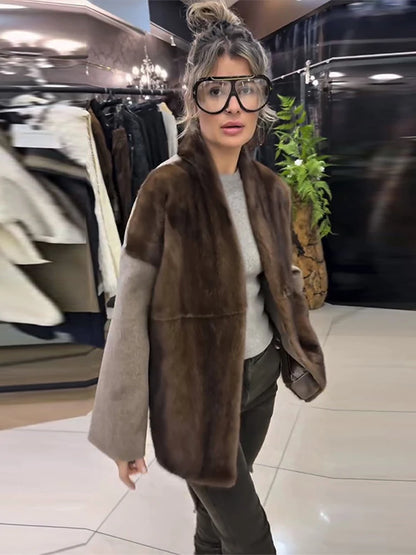 Faux Fur Patchwork Jacket – Women's Woolen Winter Coat With Belted Stand Collar - ZOOMNSTORE