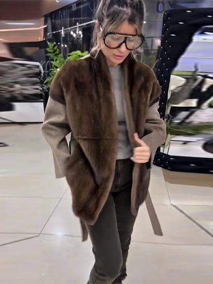 Faux Fur Patchwork Jacket – Women's Woolen Winter Coat With Belted Stand Collar - ZOOMNSTORE