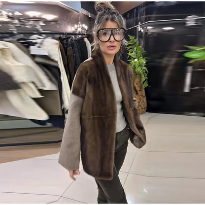 Faux Fur Patchwork Jacket – Women's Woolen Winter Coat With Belted Stand Collar - ZOOMNSTORE