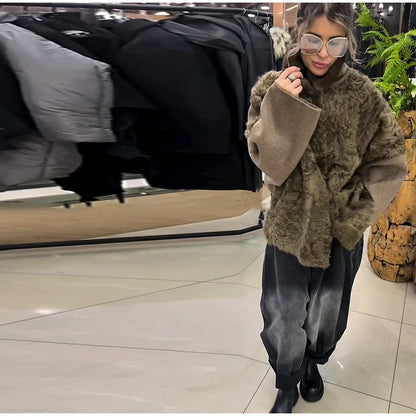 Faux Fur Patchwork Jacket – Women's Woolen Winter Coat With Belted Stand Collar - ZOOMNSTORE