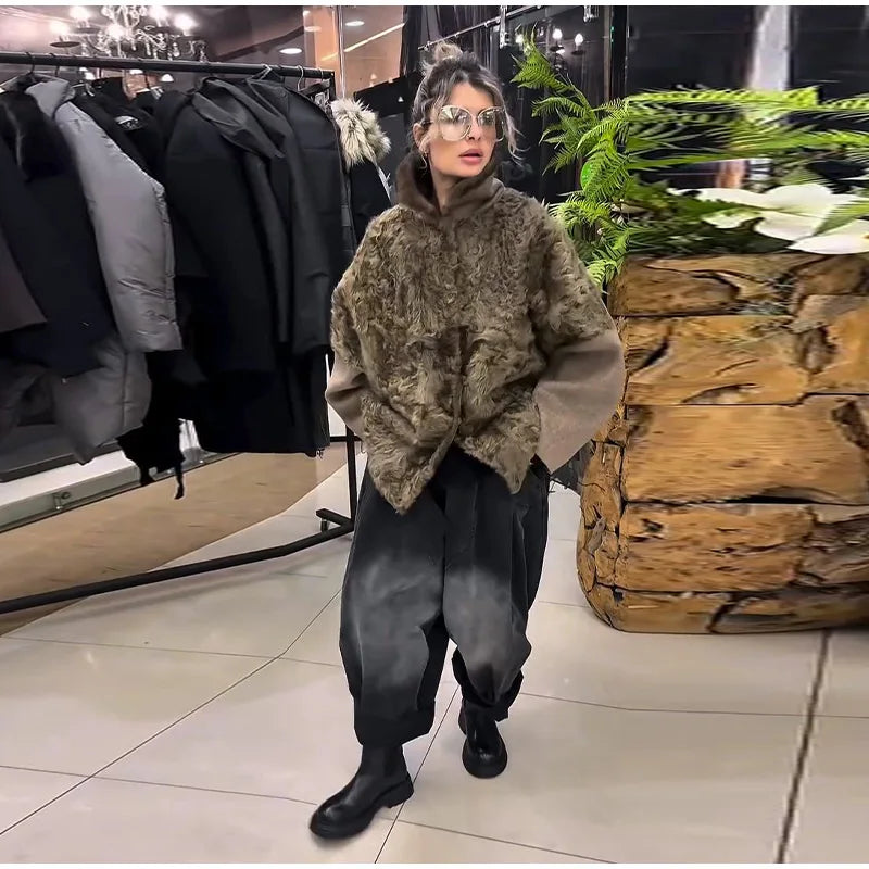 Faux Fur Patchwork Jacket – Women's Woolen Winter Coat With Belted Stand Collar - ZOOMNSTORE