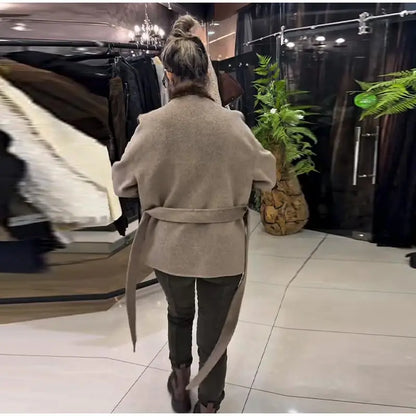 Faux Fur Patchwork Jacket – Women's Woolen Winter Coat With Belted Stand Collar - ZOOMNSTORE