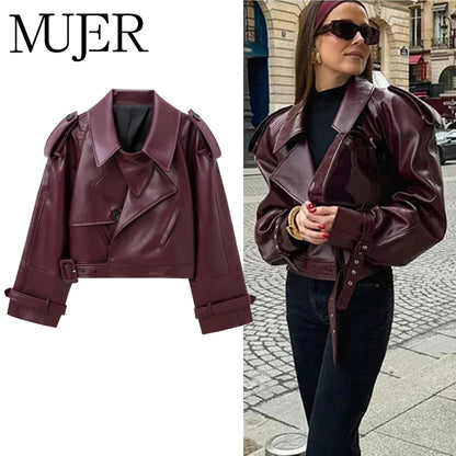 Faux Leather Bomber Jacket for Women - Cropped Streetwear Outerwear - ZOOMNSTORE
