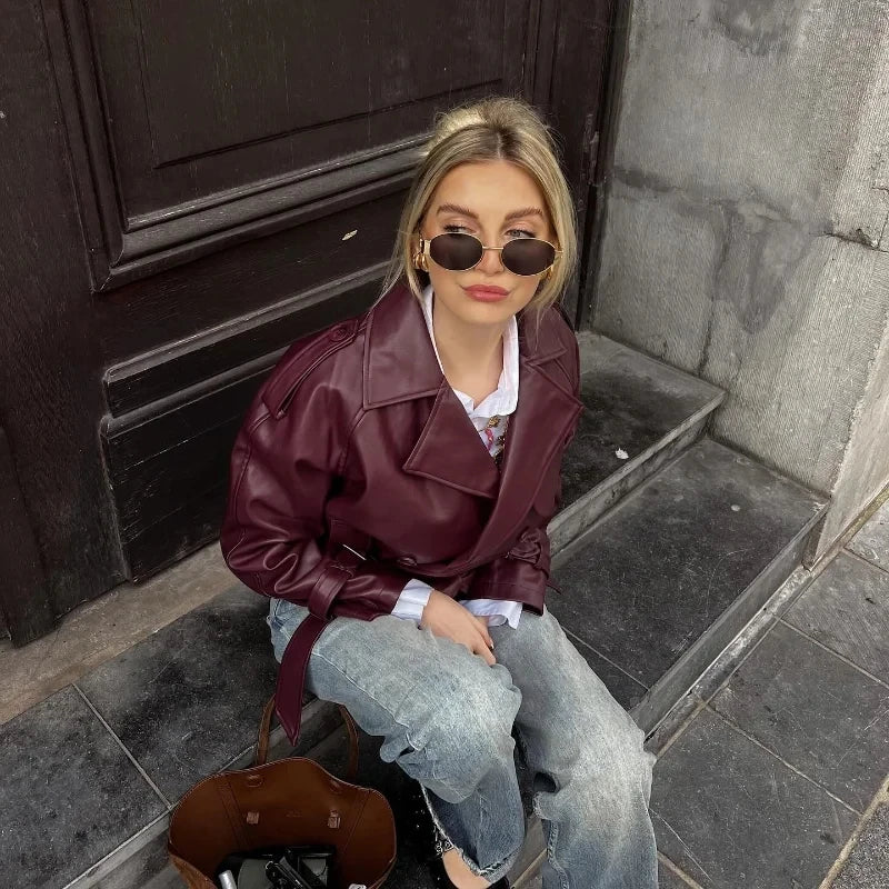 Faux Leather Bomber Jacket for Women - Cropped Streetwear Outerwear - ZOOMNSTORE