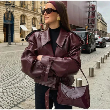Faux Leather Bomber Jacket for Women - Cropped Streetwear Outerwear - ZOOMNSTORE