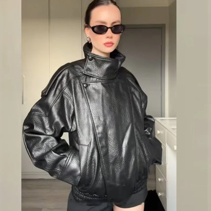 HXAO Black Jacket For Woman Outerwears Faux Leather Jacket Long Sleeve New In Coats And Jackets Zipper Bomber Motorcycle Jacket - ZOOMNSTORE