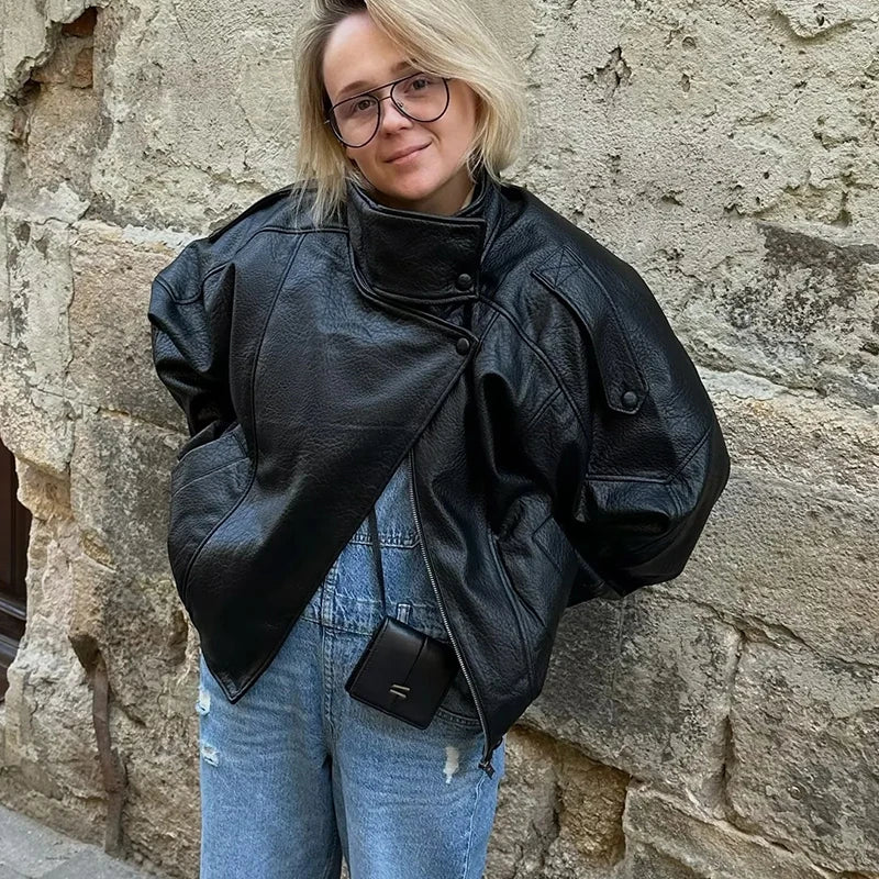 HXAO Black Jacket For Woman Outerwears Faux Leather Jacket Long Sleeve New In Coats And Jackets Zipper Bomber Motorcycle Jacket - ZOOMNSTORE