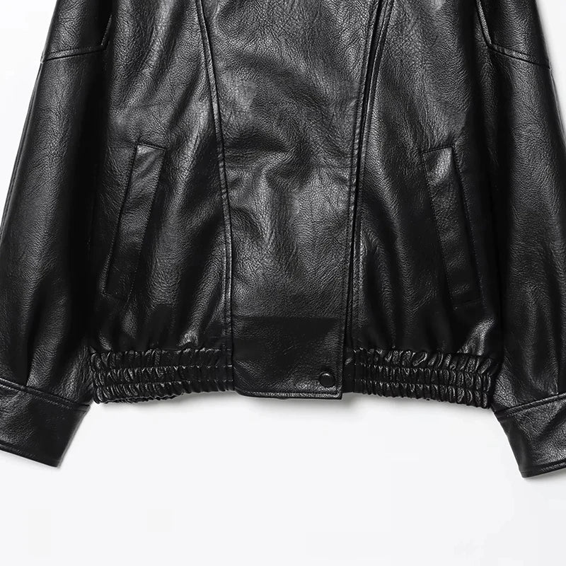 HXAO Black Jacket For Woman Outerwears Faux Leather Jacket Long Sleeve New In Coats And Jackets Zipper Bomber Motorcycle Jacket - ZOOMNSTORE