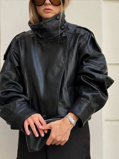 Faux Leather Jacket - Women's Casual Moto Style Zipper Coat With Long Sleeve - ZOOMNSTORE