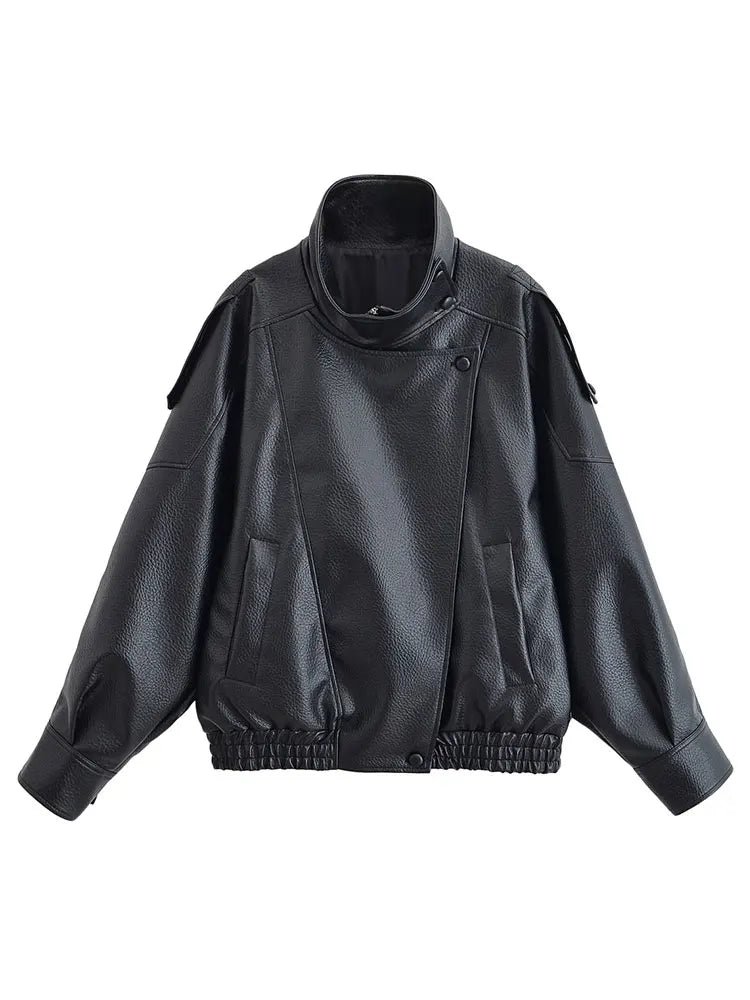Faux Leather Jacket - Women's Casual Moto Style Zipper Coat With Long Sleeve - ZOOMNSTORE