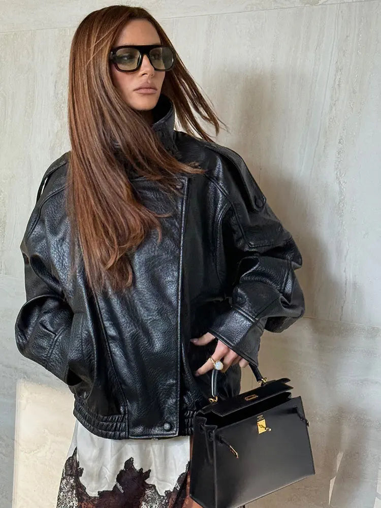 Faux Leather Jacket - Women's Casual Moto Style Zipper Coat With Long Sleeve - ZOOMNSTORE