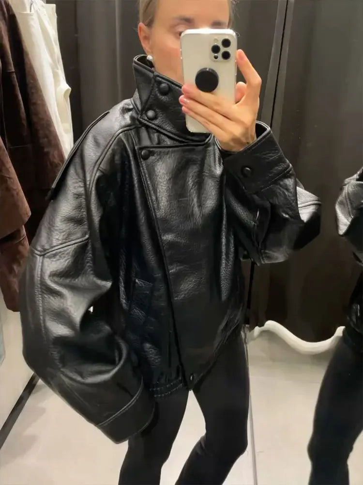 Faux Leather Jacket - Women's Casual Moto Style Zipper Coat With Long Sleeve - ZOOMNSTORE
