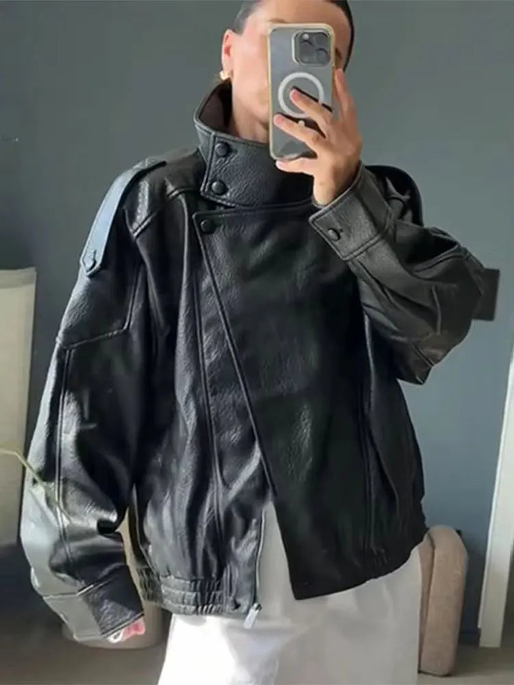 Faux Leather Jacket - Women's Casual Moto Style Zipper Coat With Long Sleeve - ZOOMNSTORE