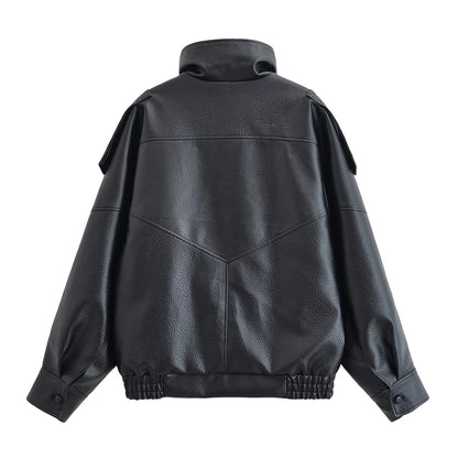 Faux Leather Jacket - Women's Casual Moto Style Zipper Coat With Long Sleeve - ZOOMNSTORE
