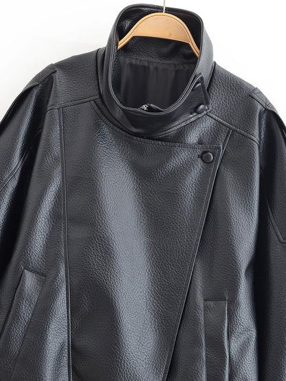Faux Leather Jacket - Women's Casual Moto Style Zipper Coat With Long Sleeve - ZOOMNSTORE