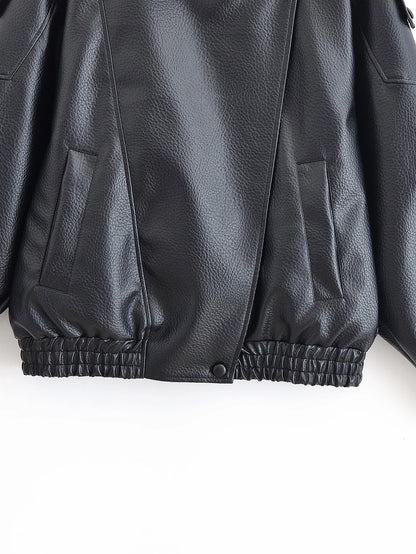 Faux Leather Jacket - Women's Casual Moto Style Zipper Coat With Long Sleeve - ZOOMNSTORE