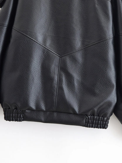 Faux Leather Jacket - Women's Casual Moto Style Zipper Coat With Long Sleeve - ZOOMNSTORE