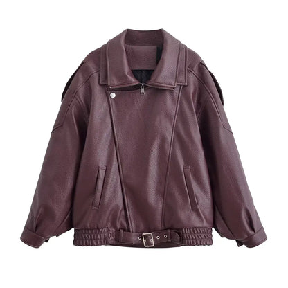 Faux Leather Jacket - Women's Casual Moto Style Zipper Coat With Long Sleeve - ZOOMNSTORE