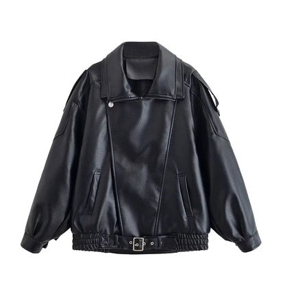 Faux Leather Jacket - Women's Casual Moto Style Zipper Coat With Long Sleeve - ZOOMNSTORE
