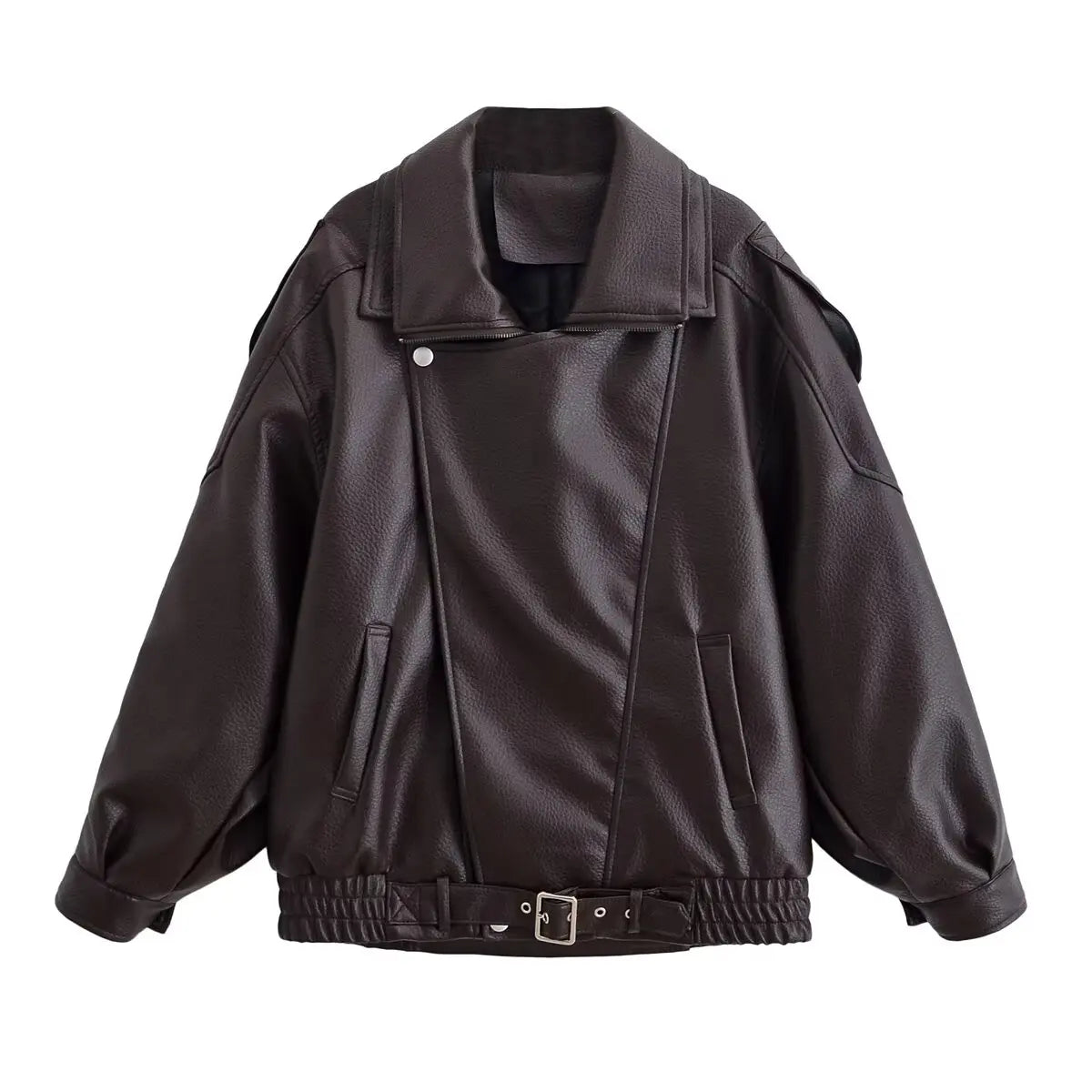 Faux Leather Jacket - Women's Casual Moto Style Zipper Coat With Long Sleeve - ZOOMNSTORE