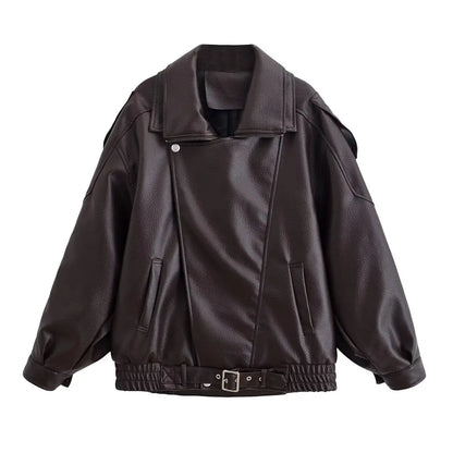 Faux Leather Jacket - Women's Casual Moto Style Zipper Coat With Long Sleeve - ZOOMNSTORE