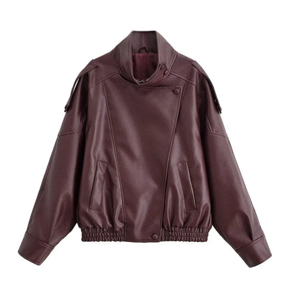 Faux Leather Jacket - Women's Casual Moto Style Zipper Coat With Long Sleeve - ZOOMNSTORE