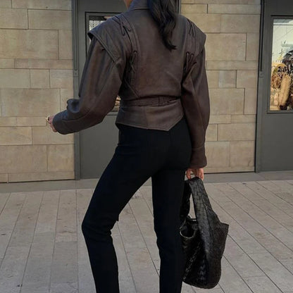 Chic Womens Faux Leather Jacket - Autumn Winter PU Coat with Dropped Shoulders - ZOOMNSTORE