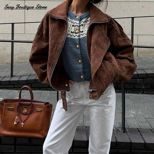 Vintage Faux Suede Oversize Jacket - Casual Long Sleeve Coat for Women - ZOOMNSTORE