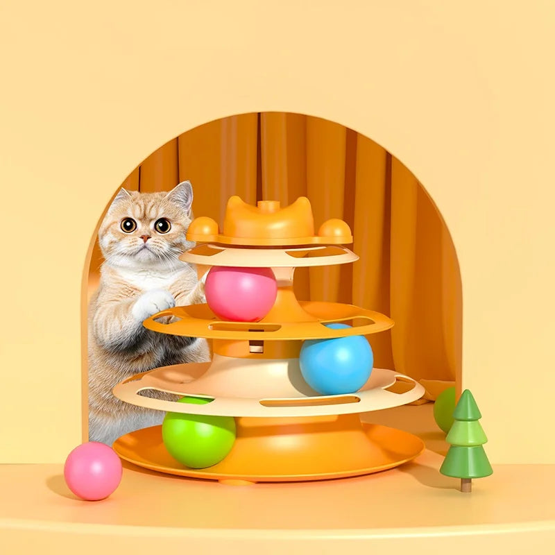 Feather Cat Toy - 4-Layer Interactive Cat Turntable With Fun Ball & Stick - ZOOMNSTORE