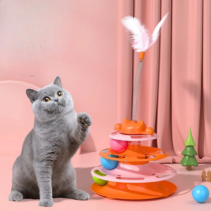 Feather Cat Toy - 4-Layer Interactive Cat Turntable With Fun Ball & Stick - ZOOMNSTORE