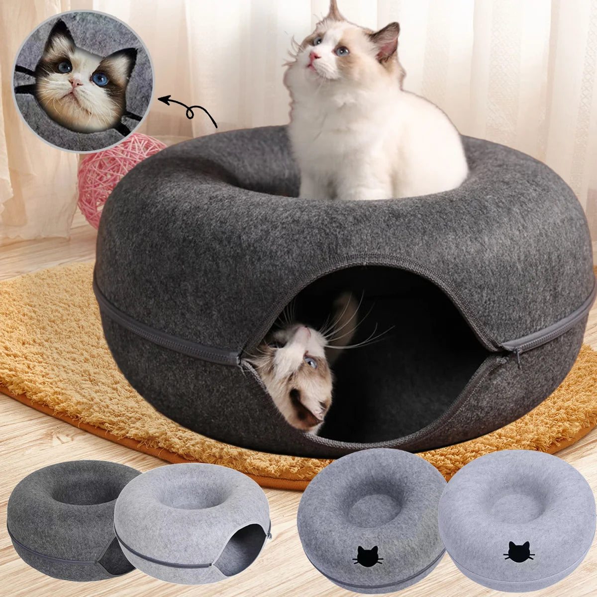 Felt Donut Bed for Cats House With Breather Hole Dog Bed Interactive Play Toys for Cats to Hide 2 in 1 Tunnel for Cats Bed - ZOOMNSTORE