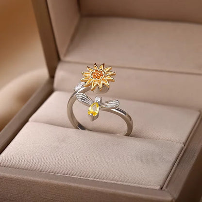 Anti Stress Anxiety Fidget Rings for Women Stainless Steel Sunflower Sun Star Spinner Ring Christmas Jewelry Gifts Dropshipping - ZOOMNSTORE