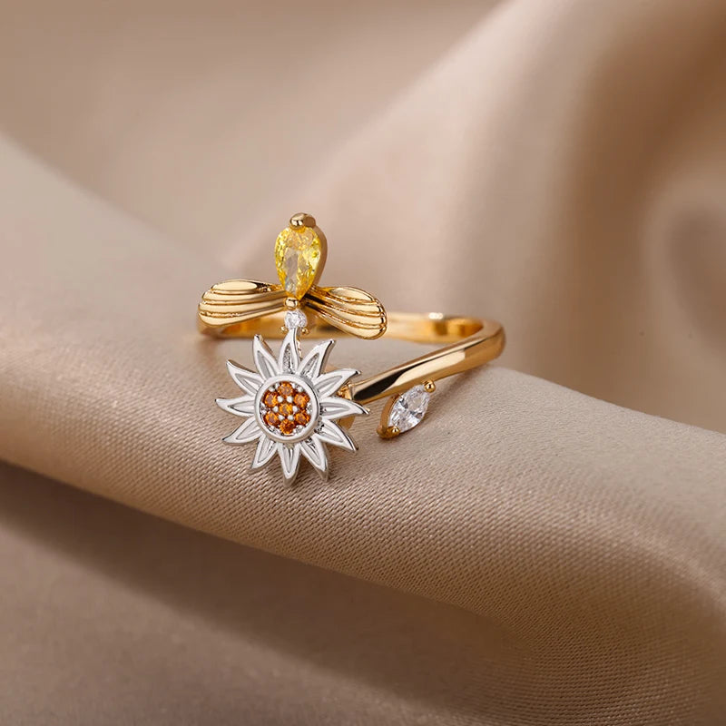 Anti Stress Anxiety Fidget Rings for Women Stainless Steel Sunflower Sun Star Spinner Ring Christmas Jewelry Gifts Dropshipping - ZOOMNSTORE