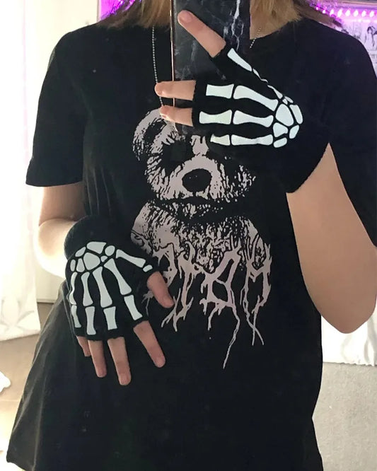 New Punk Gloves Unisex Halloween Skeleton Skull Half Finger Gloves Glow In The Dark Fingerless Stretch Knitted Winter Mittens - ZOOMNSTORE